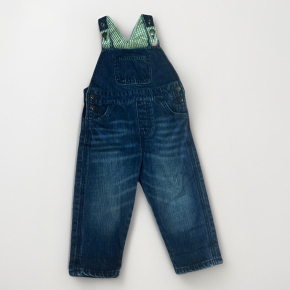Adorable Wrangler Dark Blue Denim Overalls Baby 24 months Green Checked interior - Picture 1 of 9
